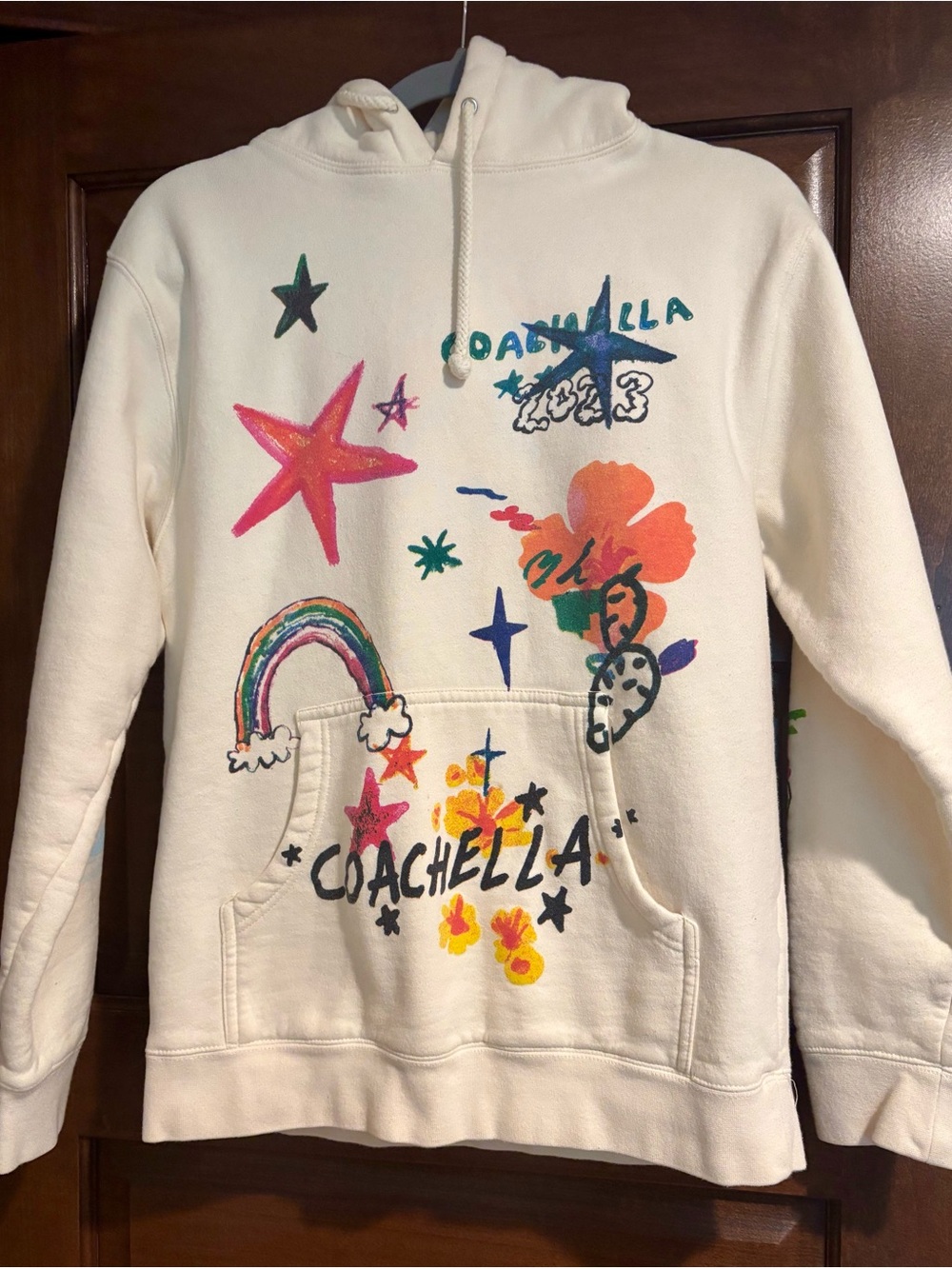 Coachella Graphic White Hoodie with Colorful Prints